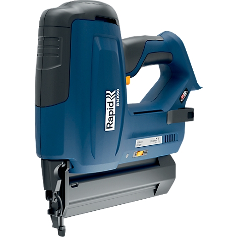 Blauwe Rapid BNX50 nietmachine met zwarte handgreep en wit logo.