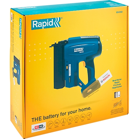 Blauwe accuschroevendraaier in doos. Bedrukt 'Rapid' en 'Bosch'. Tekst: 'The battery for your home'.