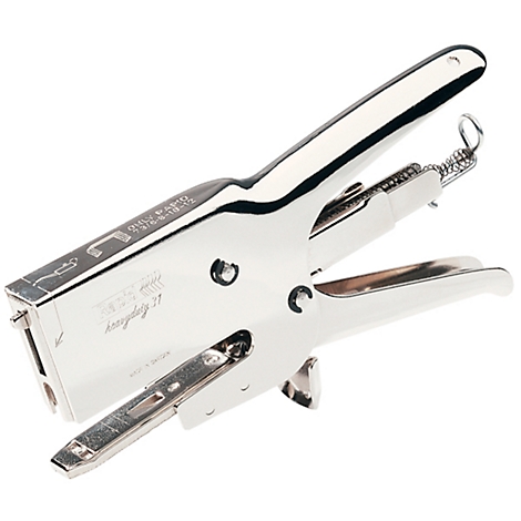 Clear silver stapler on white background. The handle is folded up.