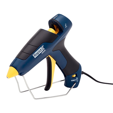 A blue hot glue gun on a white background. Yellow accents on the tip, trigger, and inside. The brand name "Rapid" is visible.