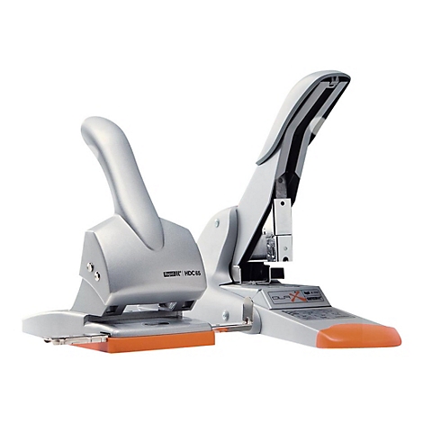 Deux perforatrices argentées côte à côte. À gauche un Rapid HDC 65, à droite un DLA X. Les deux ont des éléments orange.