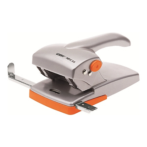 Grauer Locher mit orangefarbenen Akzenten, Griff und Basis. Schriftzug Rapid HDC 65.