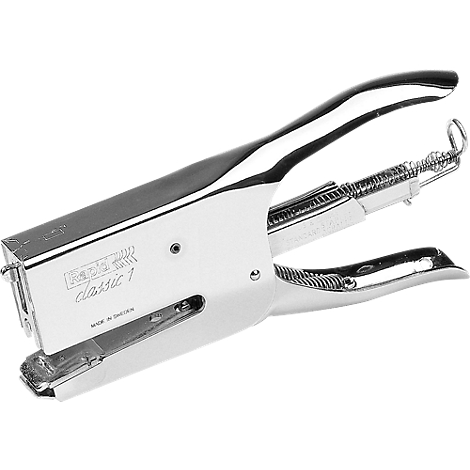 Silver stapler, 'Rapid' Classic 1, MADE IN SWEDEN, shown in detail.