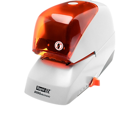 White and orange electric stapler with "Rapid 5050 electronic" printed on it.