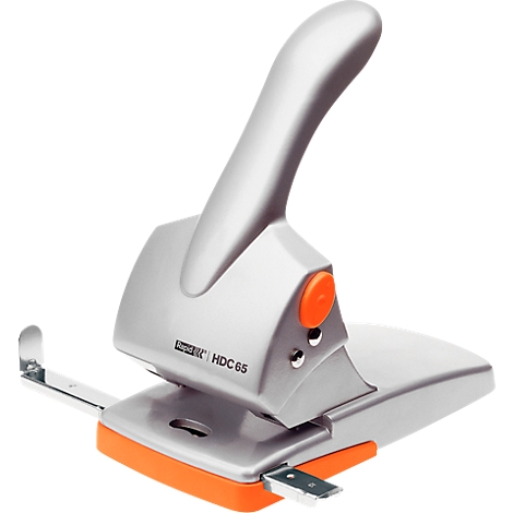 Grey and orange hole punch with handle. Inscription: HDC 65.