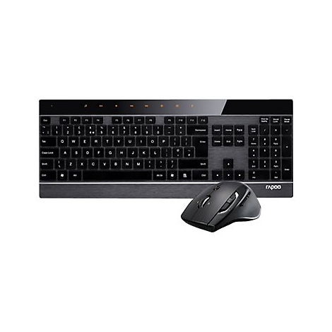 Schwarzes Keyboard und Maus-Set von "Rapoo" auf weißem Hintergrund.