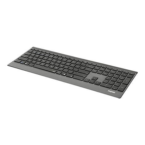 Ein graues Rapoo-Keyboard mit schwarzen Tasten auf weißem Hintergrund.
