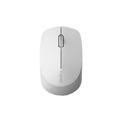 Vue de dessus d'une souris blanche avec une molette et le nom de la marque Rapoo.