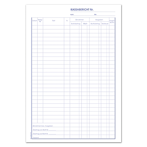 Formulaire de rapport de caisse ligné, bordé de bleu, avec des titres tels que "Rapport de caisse n°" et des titres de tableau.