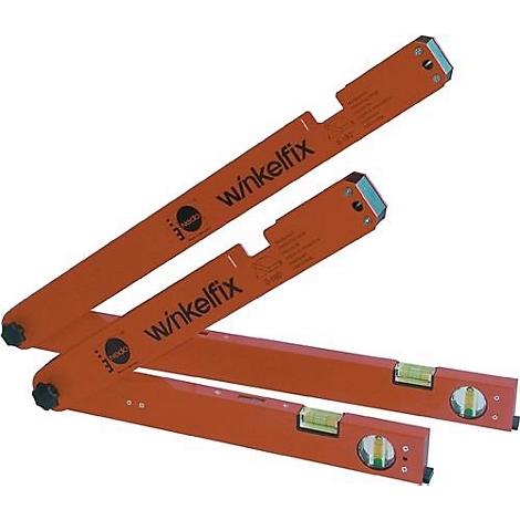 Deux outils de mesure d'angle orange avec des niveaux à bulle et l'inscription 'winkel fix'.