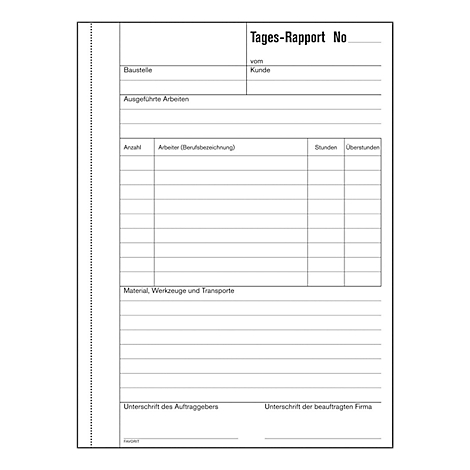 Un formulaire de rapport quotidien blanc avec des lignes et des champs de texte. "Tages-Rapport No" est en haut. Des champs pour le chantier, le client, les travaux effectués, etc. sont présents.