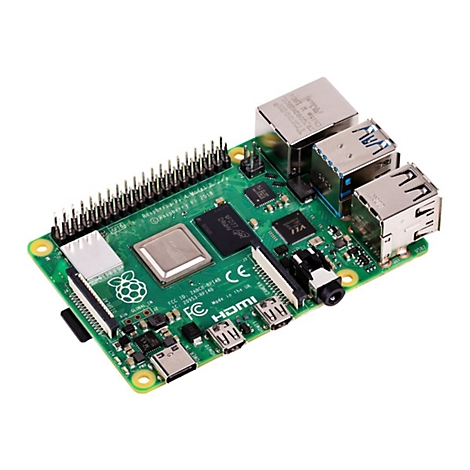 GrÃ¼ne Platine mit AnschlÃ¼ssen. HDMI, USB und weitere Ports sind erkennbar. Aufschrift: Raspberry Pi.
