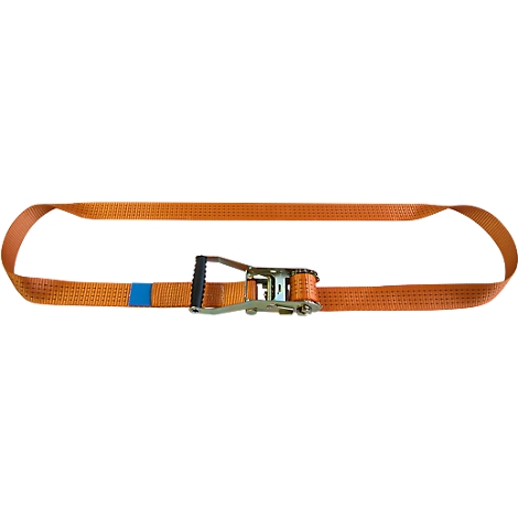 Orange ratchet strap with a blue marking and a black handle, isolated on a white background.