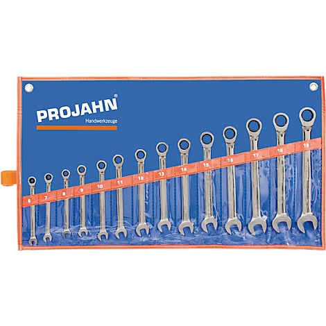 A set of silver wrenches in a blue case with orange accents.