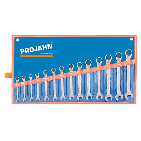 Een set PROJAHN-sleutels in een blauwe gereedschapsrol, met de maten erop.