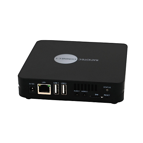 Schwarze Ratiotec Connect Box mit verschiedenen Anschlüssen auf der Rückseite vor weißem Hintergrund.
