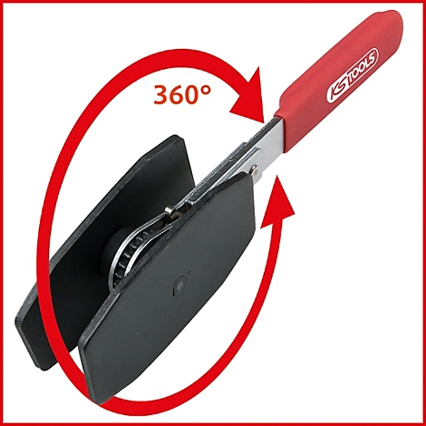 Werkzeug zur Montage von Bremsbelägen, roter Griff mit Logo, schwarze Bremsbacken, 360° Pfeil.