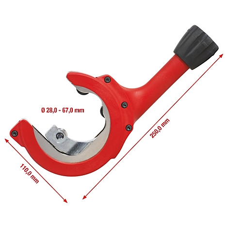 Roter Rohrschneider mit schwarzem Griff. Maße: Ø 28,0 - 67,0 mm, 110,0 mm und 250,0 mm.