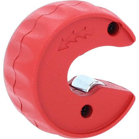 Roter Rohrschneider in Sichelform. Darauf sind Pfeile und Schrauben zu sehen.