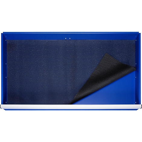 Blauer Kasten mit einer hochgeklappten, schwarzen Matte.