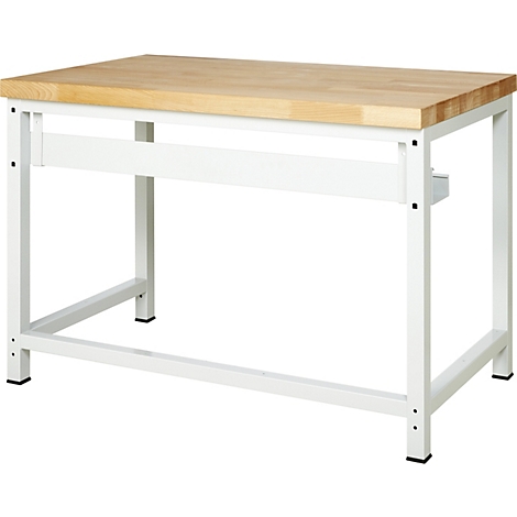 Établi avec plateau en bois et cadre en métal blanc. Le plateau est rectangulaire, le cadre a une construction simple avec des traverses.
