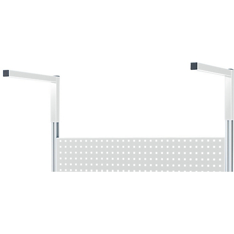 Lichtgrijs metalen frame met geperforeerde plaatmetalen bodem en twee vierkante, zwarte eindstukken.