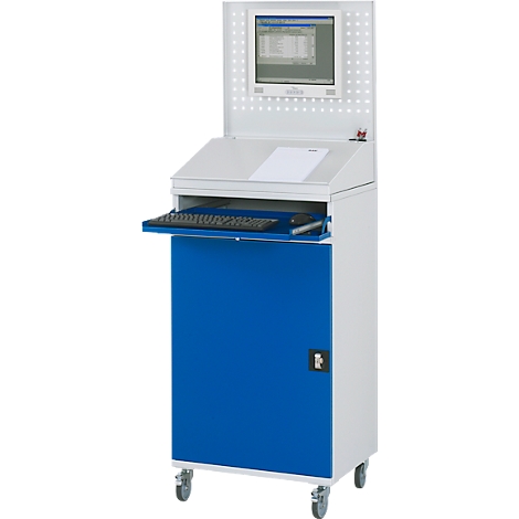 Blau-weißer Computerarbeitsplatz mit Monitor, Tastatur und Schrank auf Rollen.