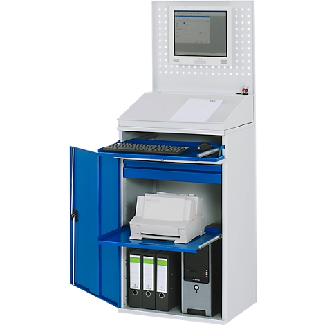 Weiß-blauer Arbeitsplatz-Computer-Schrank mit Bildschirm, Tastatur, Drucker, Aktenordnern.