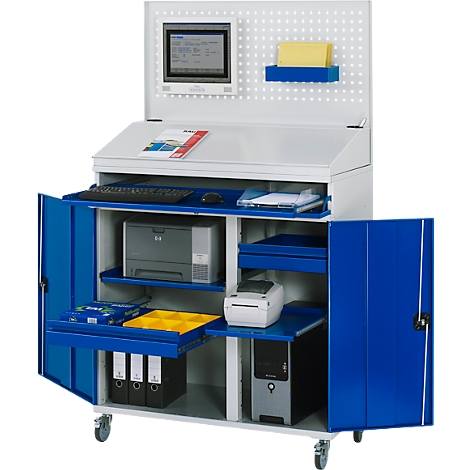 Bürowagen mit Computer, Drucker, Ablagen und Türen, blau und weiß. Auf Rollen.