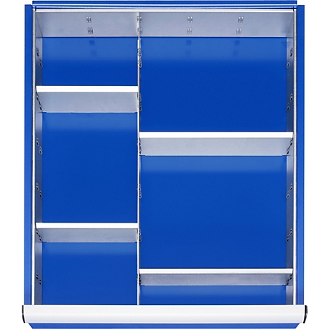 Blauer Schrank mit silbernen Einlegeböden. Vier Fächer, offene Türen. Metallrahmen. Innenaufteilung.