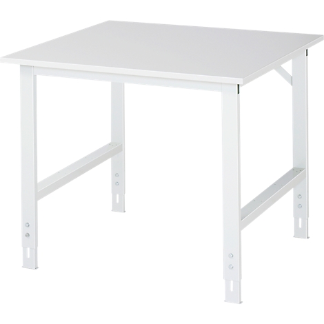 White square table with metal legs, against white background. Detailed shot of corner joints.