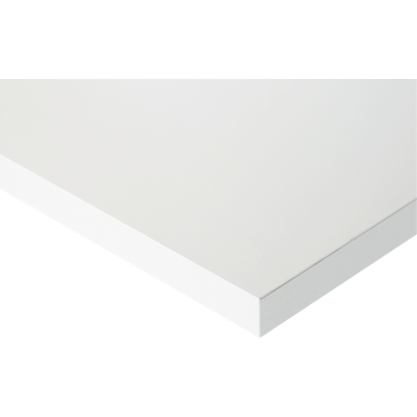 Close-up of a white table top with edge. The surface is smooth and flat.