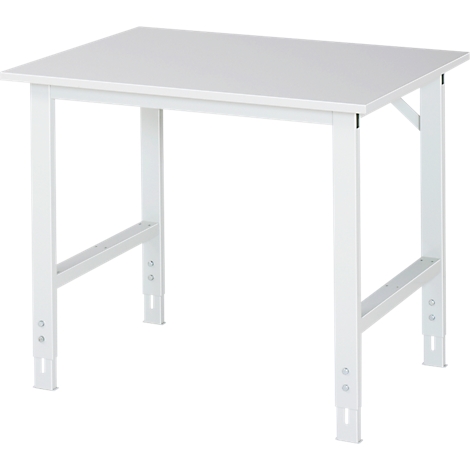 White table with rectangular top and metal legs. The legs are height-adjustable with screws.