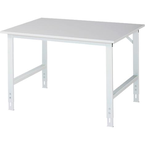 White work table, rectangular tabletop, white metal frame.