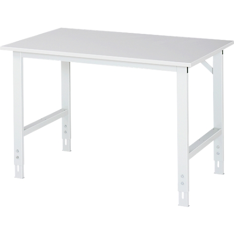 White table with a rectangular top and metal legs. The frame is reinforced by crossbars.