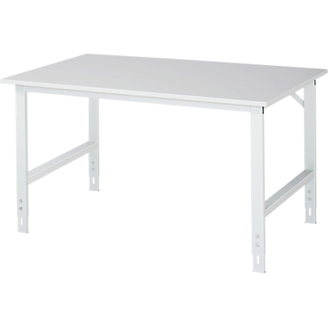 White work table against a white background. The tabletop is rectangular, the legs are made of metal and have a diagonal strut.
