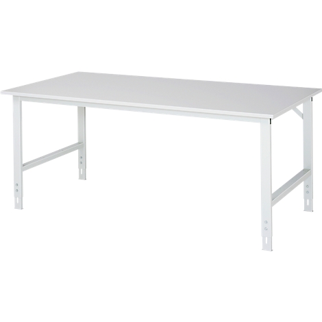White rectangular table with metal legs. The tabletop is smooth, the legs form angles.