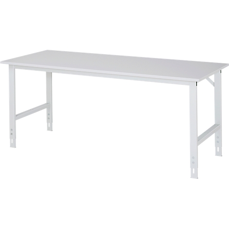 White rectangular table with metal frame, on a white background.