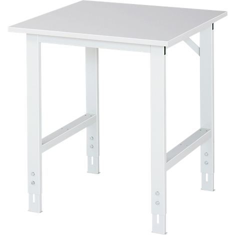 White table, square tabletop on four legs, with diagonal braces and height adjustable.