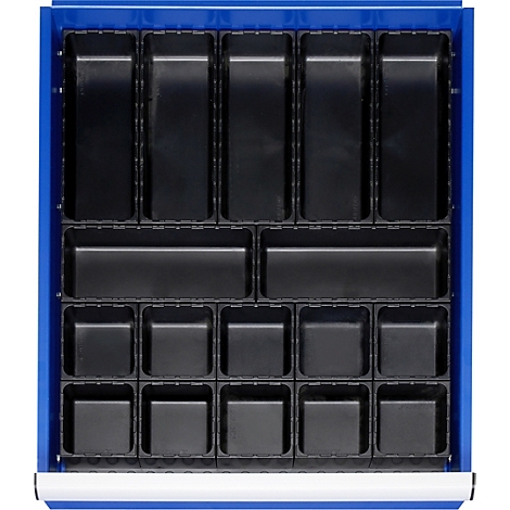 Vue de dessus d'un tiroir avec insert en plastique noir. Tiroir bleu, de nombreux compartiments de tailles différentes.