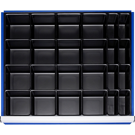Boîte en plastique noir avec compartiments carrés. Bordure bleue. Parfait pour l'organisation.