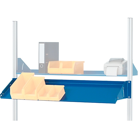 Blauw schap met gele containers. Daarboven een ander schap met map, containers en printer. Twee zilveren staven ondersteunen de plank.
