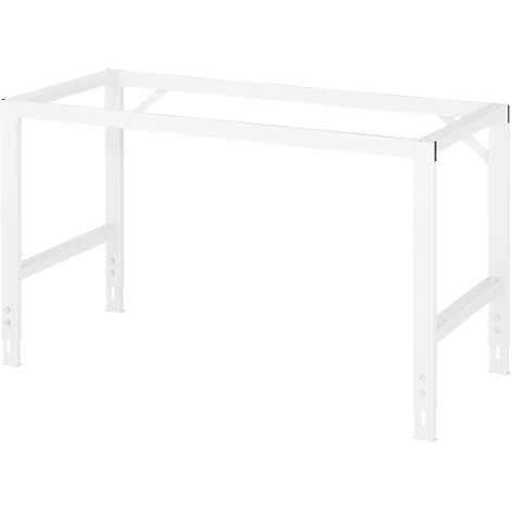Weißes Tischgestell ohne Tischplatte, aus Metall, mit Verstrebungen.