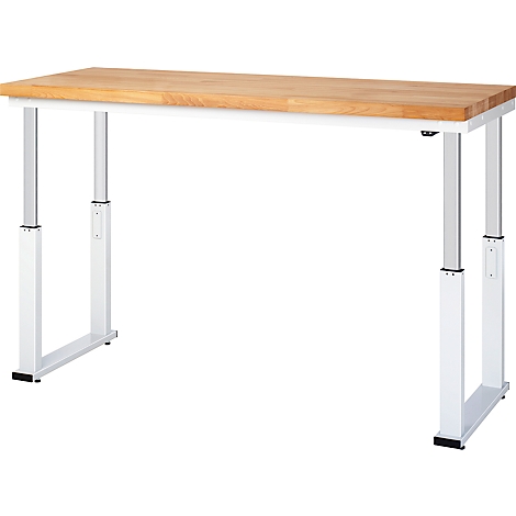 Ein weißer, höhenverstellbarer Schreibtisch mit einer hellen Holzplatte. Die Beine sind quadratisch und haben schwarze Füße.