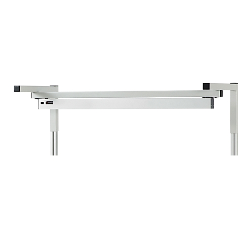 Weißer, höhenverstellbarer Schreibtisch, Detailaufnahme. Der Fokus liegt auf den metallischen Beinen und der Tischplatte.