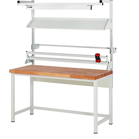 Werkbank mit hellem Holz, weißem Gestell und Halterung.