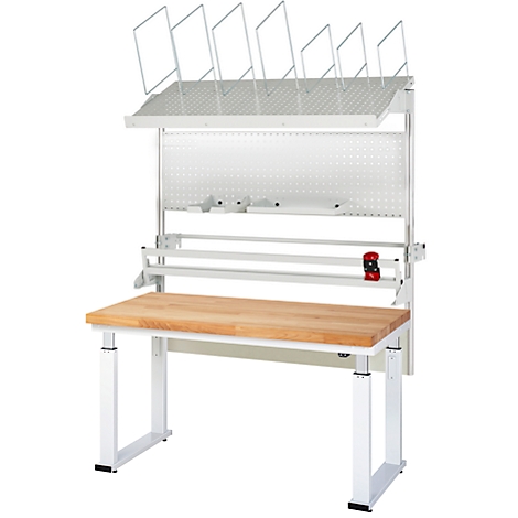 Werkbank mit weißem Metallrahmen, Holzplatte und integrierten Ablagen. Oben sind Dokumentenhalter. Die rote Komponente ist sichtbar.