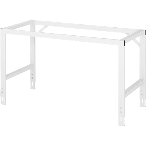 Weißes, metallenes Tischgestell mit rechteckiger Form. Die Beine sind mit Diagonalstreben verstärkt.