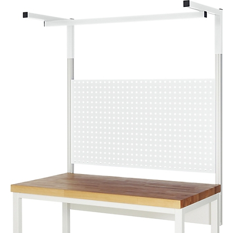 Un établi avec un cadre blanc, un plateau en bois et un panneau perforé.