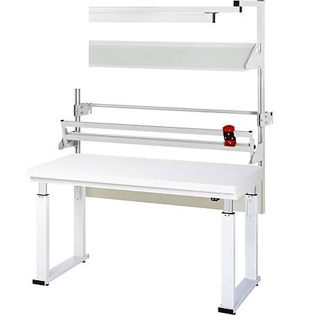 Établi blanc réglable en hauteur avec étagères et support de rouleau.